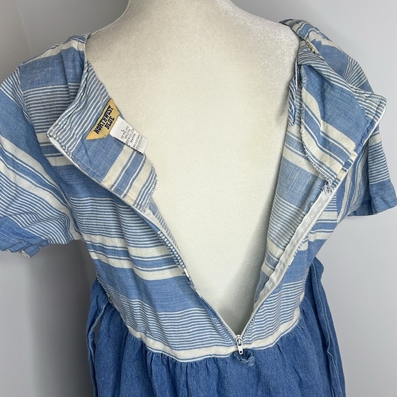 Vintage 90s Northwest Blue Linen Denim Tie Waist Button Skirt Nautical Dress - Picture 5 of 12